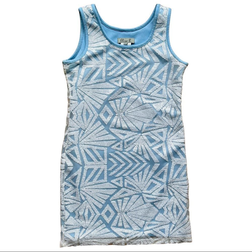 Elisa B Girl’s Sequince Fitted Party Dress Size 12 Blue and White 